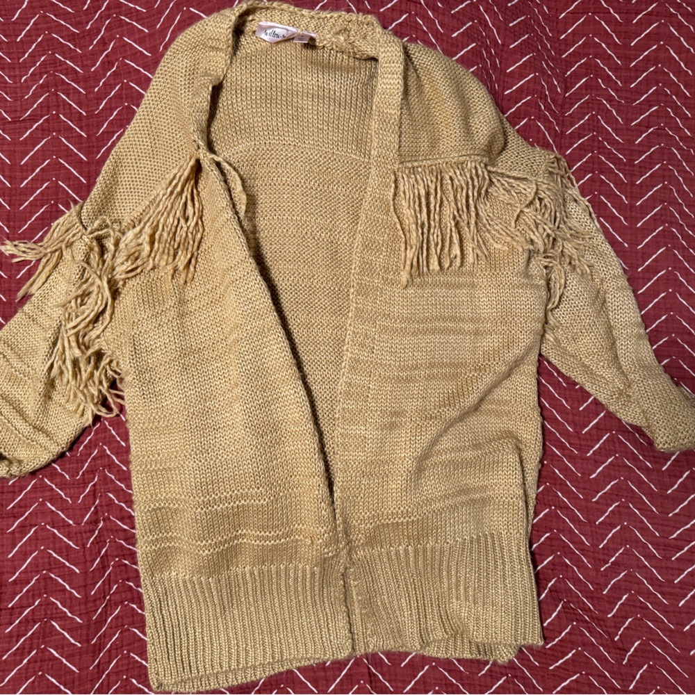 Mustard Fringe Open-Front Cardigan